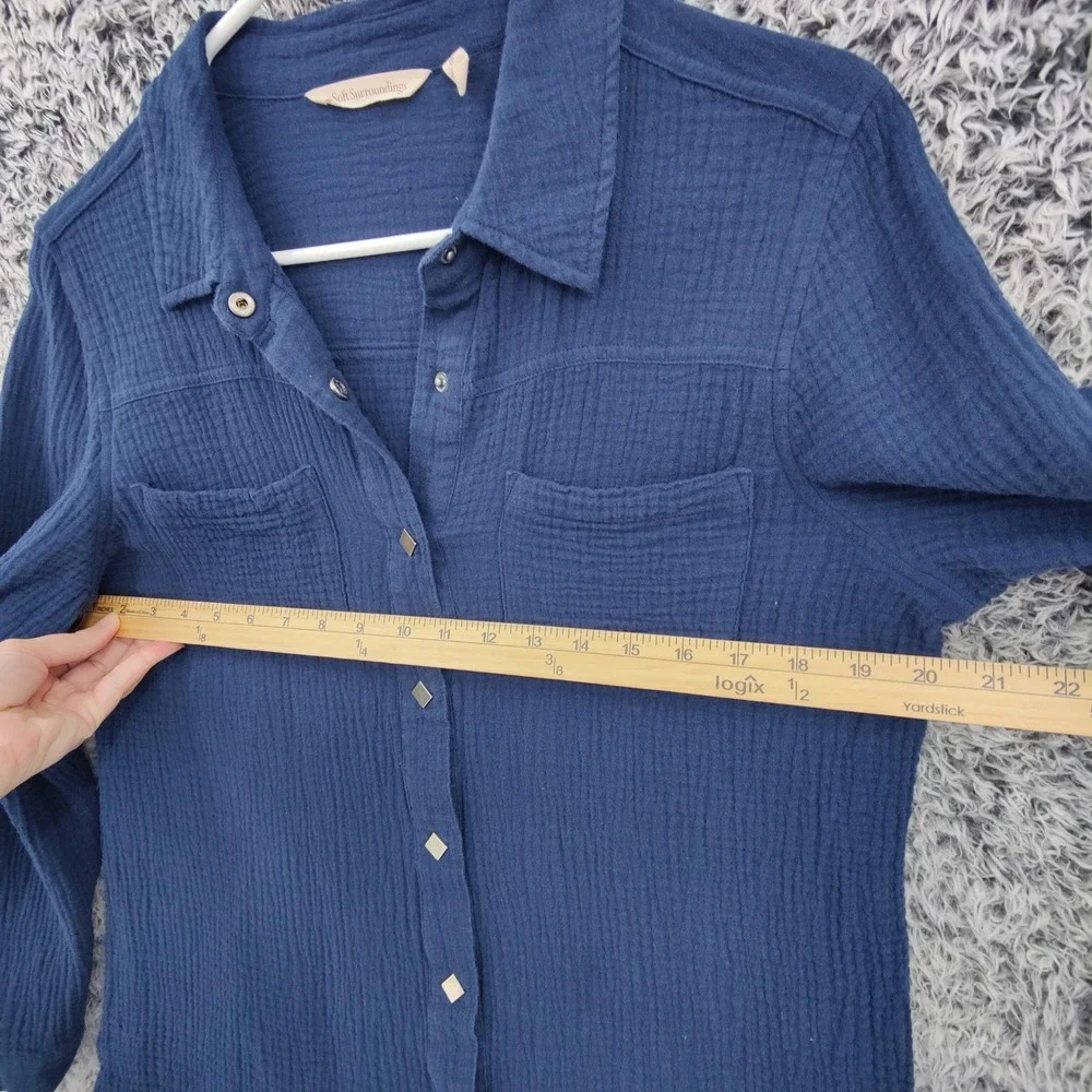 Soft Surroundings Women Coastal Gauze Preppy Airy Button Up Shirt M Navy Top - Picture 3 of 16
